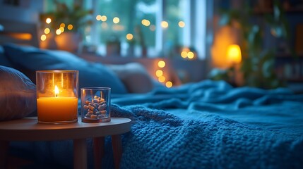 Cozy Bedroom Environment with Nootropic Supplements and Candlelight on Bedside Table, Creating a Warm and Inviting Atmosphere for Relaxing Sleep Preparation