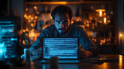 Intensely Focused Tech Developer or Gamer Working on Complex Coding or Gaming Project, Displaying Code on Screen, Surrounded by Coffee and Nootropic Supplement, Modern Tech Setup with Dim Lighting