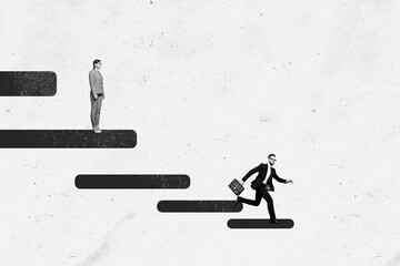 Composite photo collage of serious girl guy business partners development ladder success promotion...