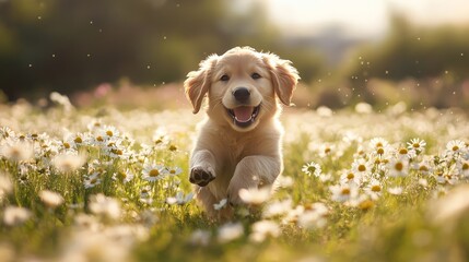A charming image of a playful golden retriever puppy frolicking in a field of daisies. The joyful antics and the bright, sunny field create a heartwarming and cheerful atmosphere.