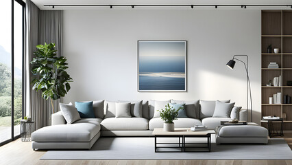 White Interior Design Modern Living Room, Clean Living Room 3d rendering, ai