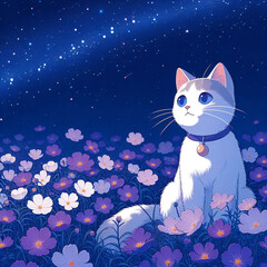 white cat walks in a flower field at night
