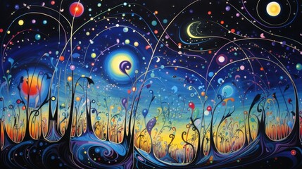 Obraz premium Whimsical Nighttime Forest with Stars and Swirling Lines