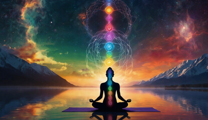 A person meditating on water, with seven glowing chakra points on their body. Surrounded by vibrant energy patterns the background represents the vast universe, energy, and tranquility.