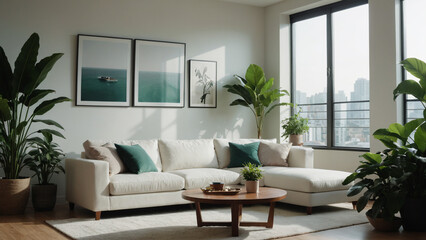 Cozy Living Room with Sofa and lush green plants