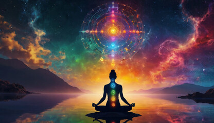 A person meditating on water, with seven glowing chakra points on their body. Surrounded by vibrant energy patterns the background represents the vast universe, energy, and tranquility.