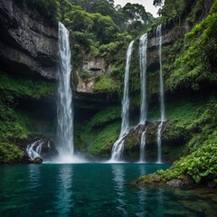 A dramatic waterfall: Water cascades down a steep cliff into a crystal-clear pool below, surrounded by lush greenery and misty spray.