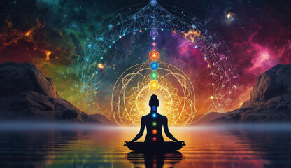 A person meditating on water, with seven glowing chakra points on their body. Surrounded by vibrant energy patterns the background represents the vast universe, energy, and tranquility.
