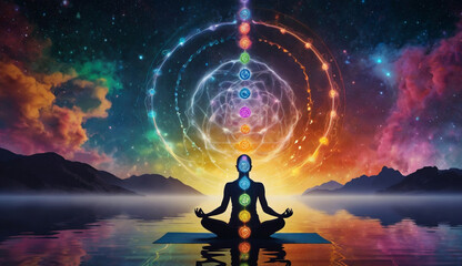 A person meditating on water, with seven glowing chakra points on their body. Surrounded by vibrant energy patterns the background represents the vast universe, energy, and tranquility.