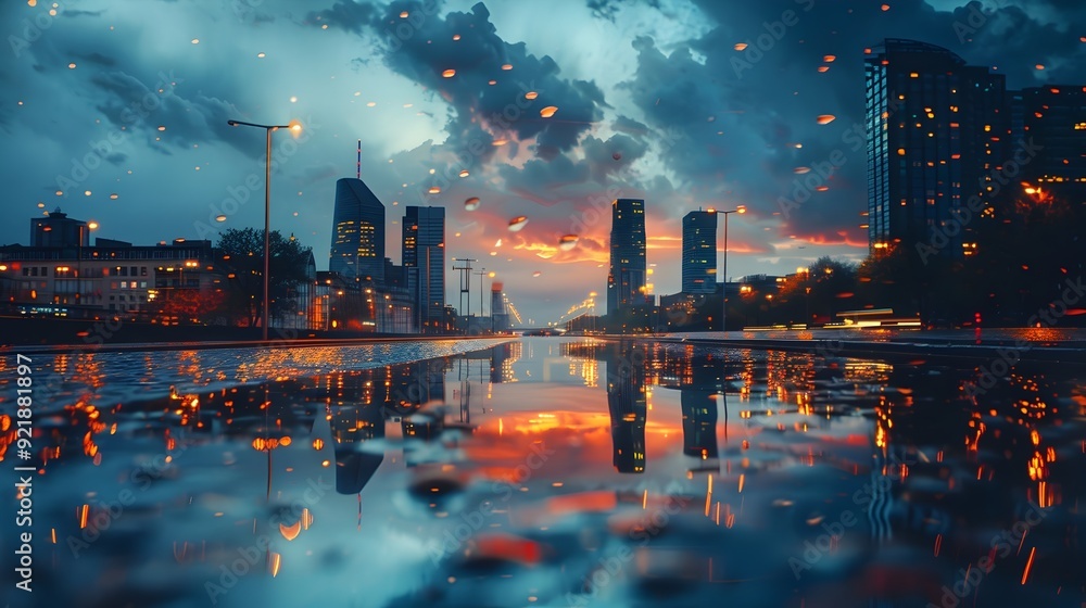 Poster moody cityscape with vibrant reflections after a rainstorm at dusk