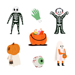 Happy Halloween vector icon set. Costumes for Halloween and a pumpkin basket with candies. Cartoon set of halloween elements, a ghost costume, a skeleton costume, a zombie eye and arm