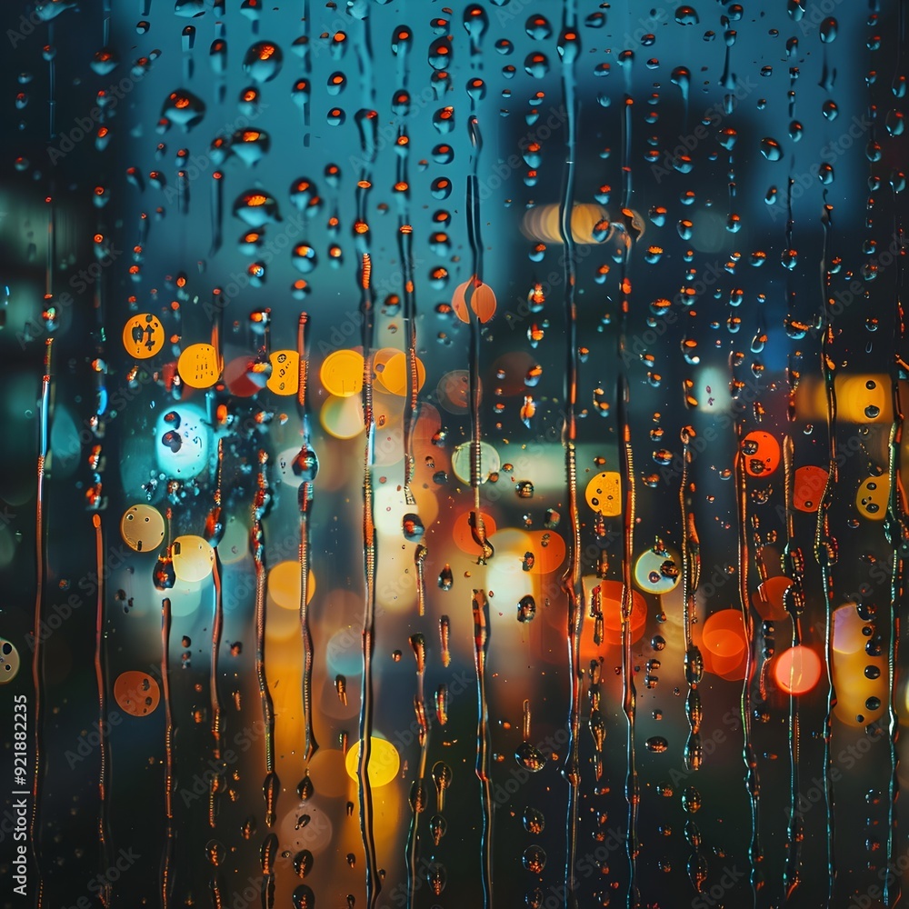 Poster Mesmerizing Raindrops on Window with Blurred City Lights in Moody Atmospheric Setting