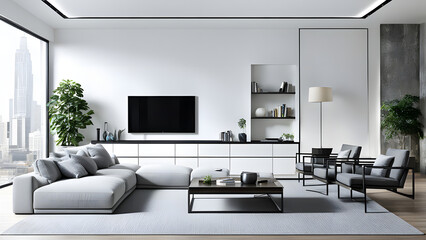 White Interior Design Modern Living Room, Clean Living Room 3d rendering, ai