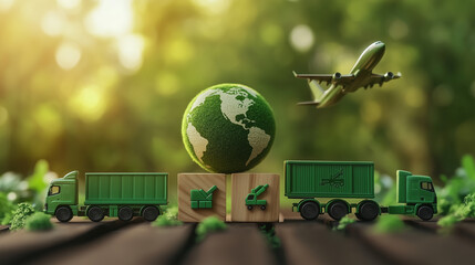 Sustainable Green Logistics: Miniature Globe on Wooden Blocks Featuring Green Transportation Icons Symbolizing Eco-Friendly Global Shipping and Supply Chain Management