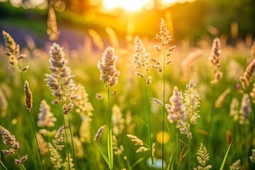 Summer Meadow Grass Close-Up in Golden Hour Light.
