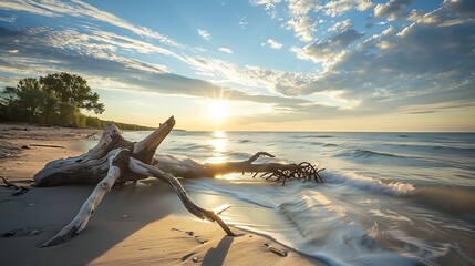 Driftwood on a Sandy Beach at Sunset