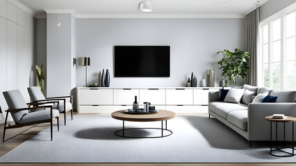 White Interior Design Modern Living Room, Clean Living Room 3d rendering, ai