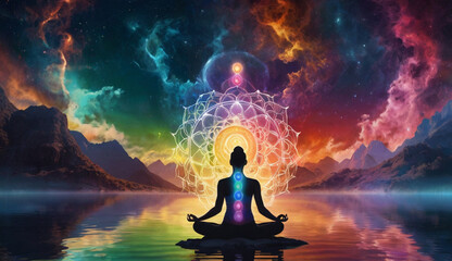 A person meditating on water, with seven glowing chakra points on their body. Surrounded by vibrant energy patterns the background represents the vast universe, energy, and tranquility.