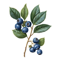 Old botanical illustration of a blackberry isolated on a transparent background, capturing the fruit's detailed anatomy and natural beauty in a classic style.	