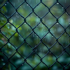 Fototapeta premium Raindrops Glistening on a Metal Mesh Fence in a Serene Vibrant Atmosphere