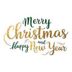 Merry christmas new year gold lettering with glitter. Christmas typographic emblem. For banner, card, package.