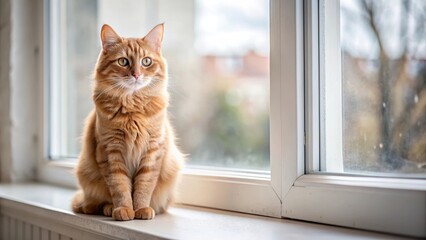 A cute ginger cat sitting on a windowsill, looking out curiously, cat, meow, pet, feline, window, curiosity, ginger, whiskers