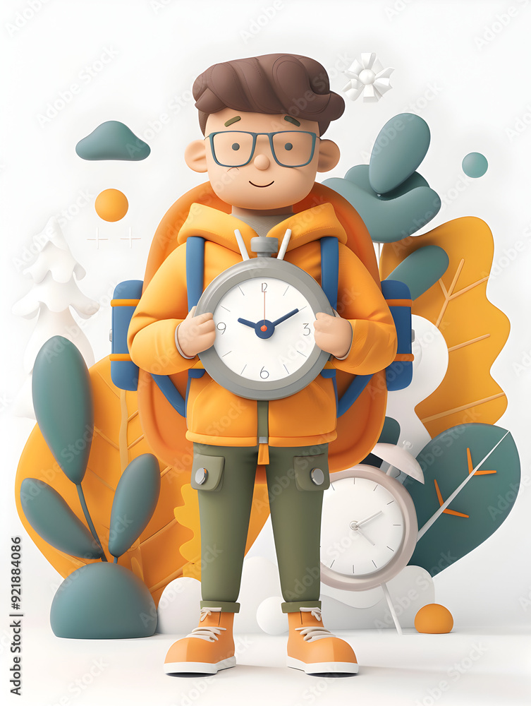 Poster 3d flat icon of student with backpack and clock concept for time management in education on whimsica