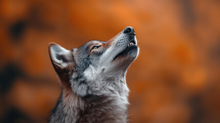 Naklejka premium A majestic wolf gazing upwards, showcasing its intense gaze against a warming orange backdrop, symbolizing wilderness and beauty.