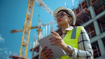 A focused construction worker in a hard hat and safety vest, holding a tablet, exuding confidence and determination. 