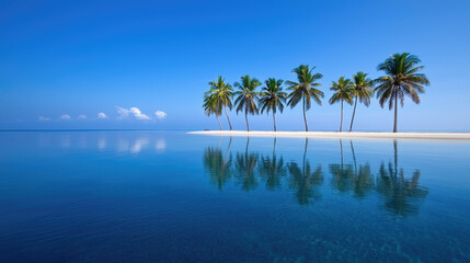 Naklejka premium A serene tropical paradise featuring palm trees reflecting in tranquil water under a clear blue sky. Perfect for relaxation.