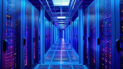 Fototapeta premium Shot of Data Center With Multiple Rows of Fully Operational Server