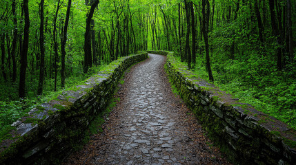 A serene winding pathway through a lush green forest, surrounded by tall trees and vibrant foliage, perfect for nature exploration.