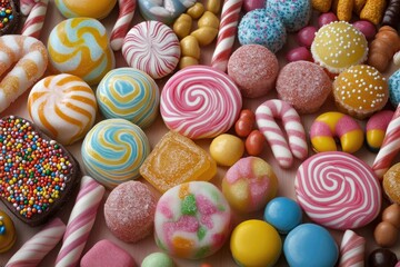 Fototapeta premium Colorful candies and lollipops covering a pink background