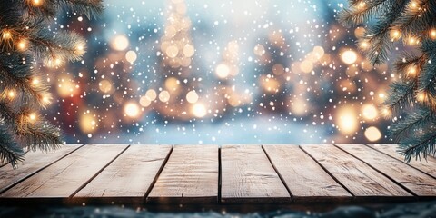 Rustic wooden tabletop framed by pine branches and twinkling lights in a winter scene with falling snow, perfect for Christmas or New Year product mockups and festive designs.