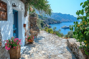 Fototapeta premium Picturesque greek island home overlooking tranquil bay with luxury yacht