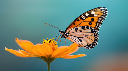 Fototapeta premium A vibrant butterfly resting on a bright orange flower, showcasing the beauty of nature in a colorful, serene environment.
