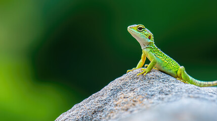 Fototapeta premium A vibrant green lizard perched on a rock, showcasing its color and texture against a blurred natural background.