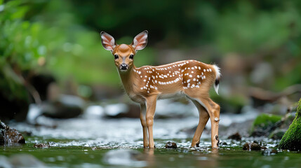 A young deer stands gracefully in a serene stream, surrounded by lush greenery and gentle sunlight, showcasing nature's beauty.