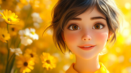 Fototapeta premium Smiling Young Woman with Short Haircut in 3D Style, Cartoon Character Portrait in Bright Floral Background, Happy Expression Concept, Positive Vibes, Digital Art Illustration of Joyful Girl