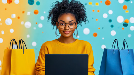 Smiling Woman with Curly Hair Shopping Online on Laptop Surrounded by Colorful Shopping Bags, Bright Colorful Background, Happiness and Convenience of Online Shopping from Home Concept