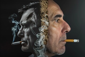 Fototapeta premium Dramatic encounter between a man and his smoking induced alter ego visualizing internal conflict and addiction struggle