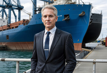 Middle-aged businessman standing at an industrial harbour
