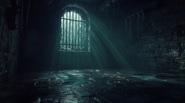 Dark dungeon with light rays streaming through a barred window.