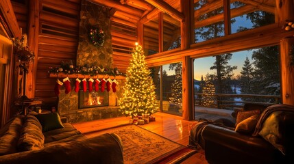 Cozy log cabin living room with a lit Christmas tree, fireplace, and stockings conveys warmth, holiday cheer, and comfort.