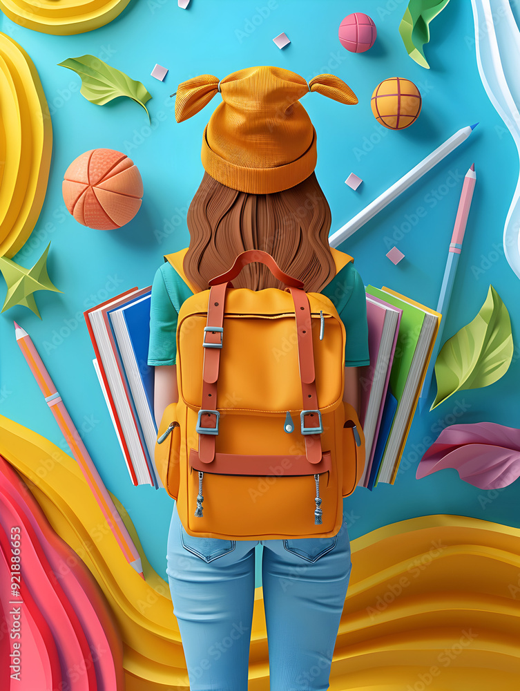 Poster 3d flat icon of student with books and school supplies back to school concept with whimsical backgro