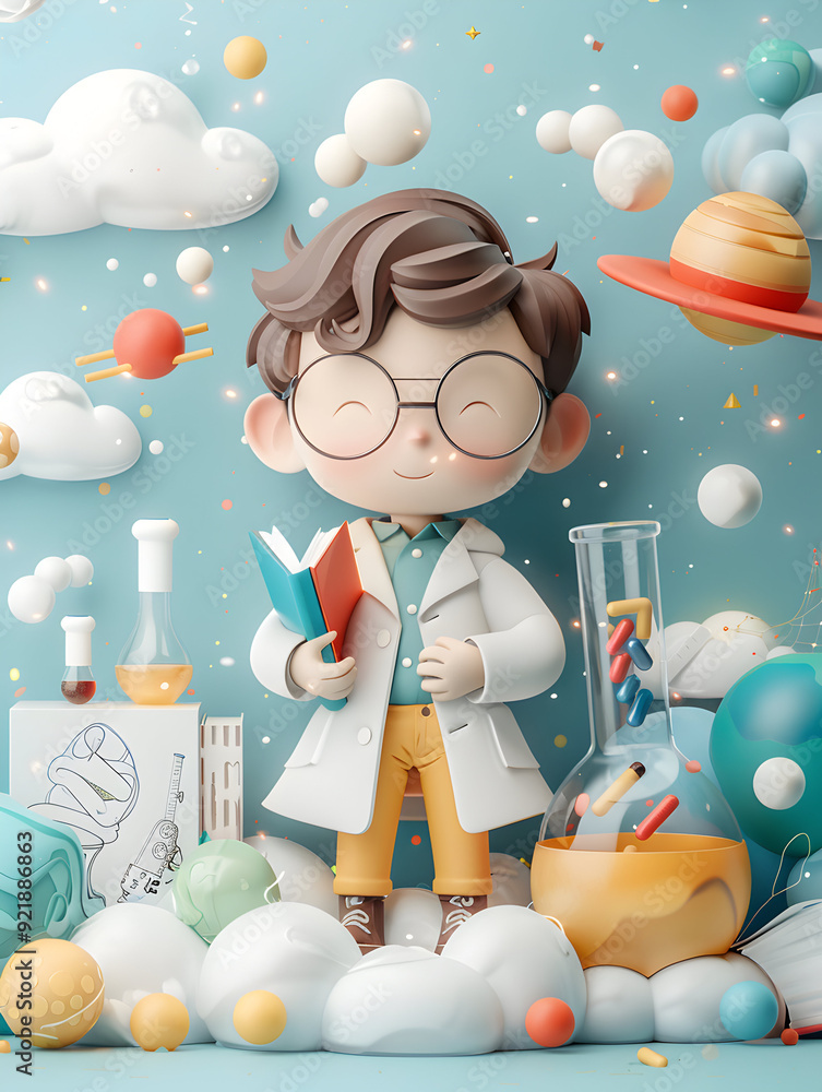 Poster 3d flat icon student with books and science experiment concept dreamy background for hands on learni