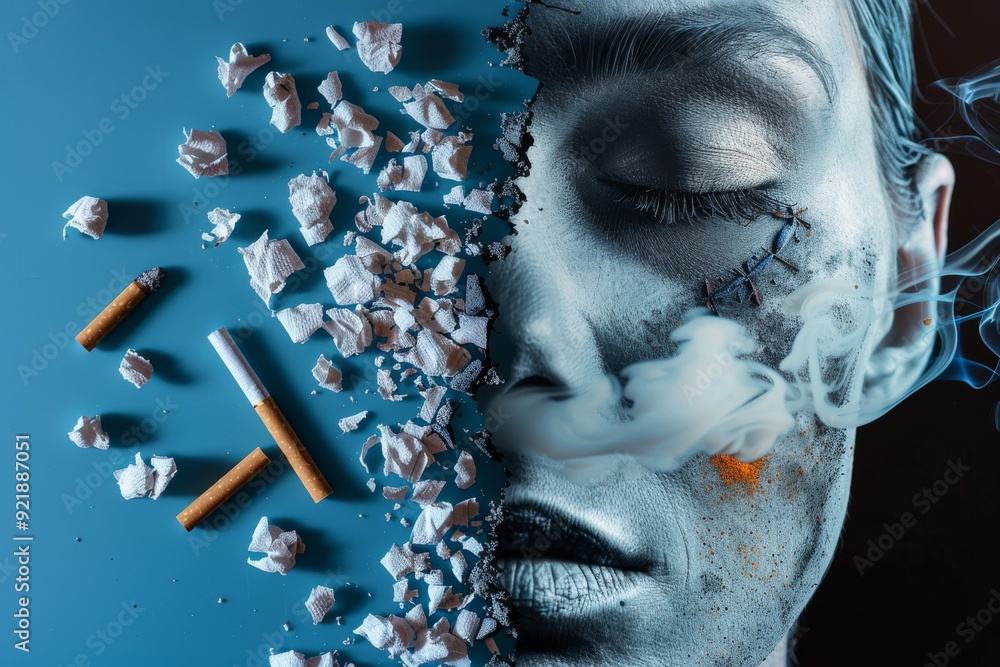 Poster surreal image of a face disintegrating into a cloud of cigarette butts depicting the consuming effec