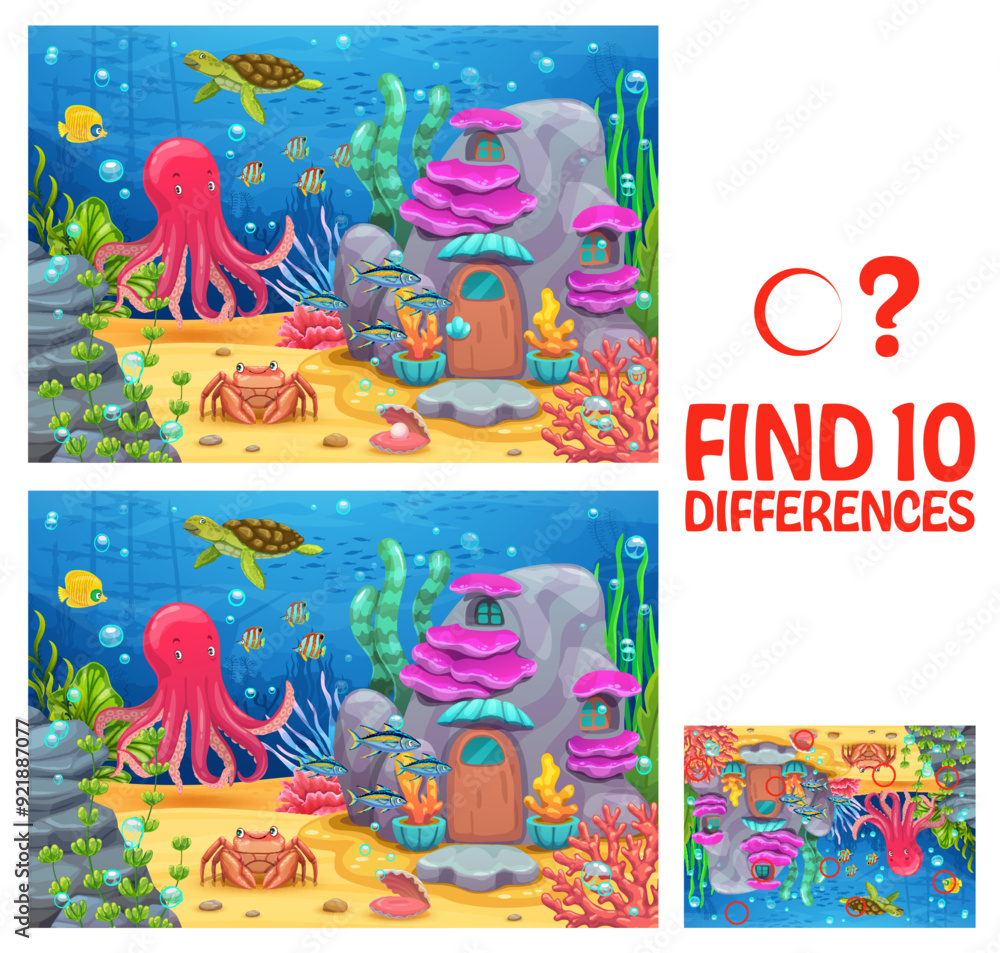 Poster find ten differences in underwater landscape with sea animals and ocean fishes, vector puzzle worksh