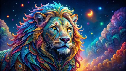 Colorful lion with intricate patterns in a vibrant night scene , wildlife, animal, lion, colorful, vibrant, night, darkness