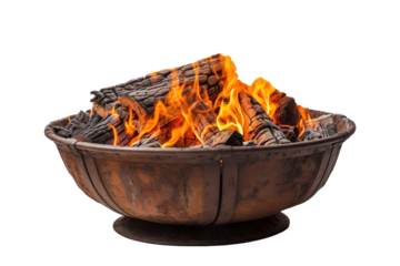 Warm Glow of Flickering Flames Dancing Over Charred Logs in Outdoor Fire Pit at Twilight on White or PNG Transparent Background.